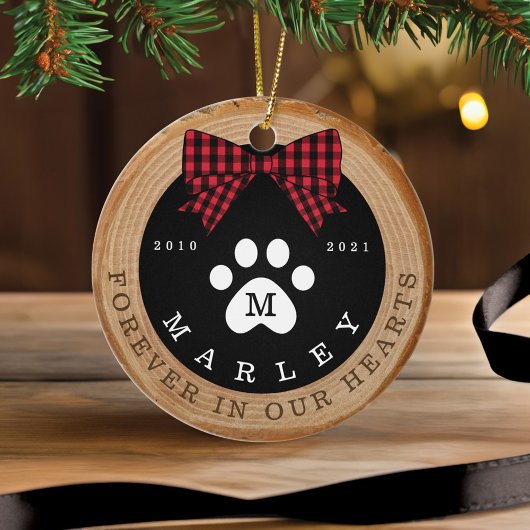 Red Bow Paw Print Memorial Pet Photo Wood Slice Keramisch Ornament