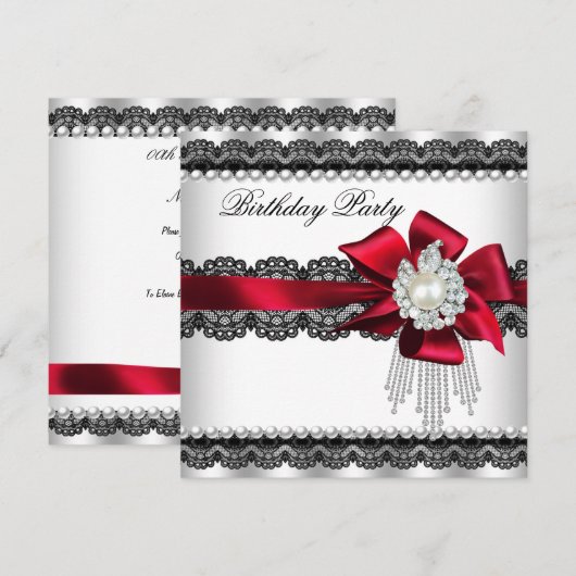 Red Bow Pearl Lace Pearl Birthday Party Kaart (Voorkant / Achterkant)
