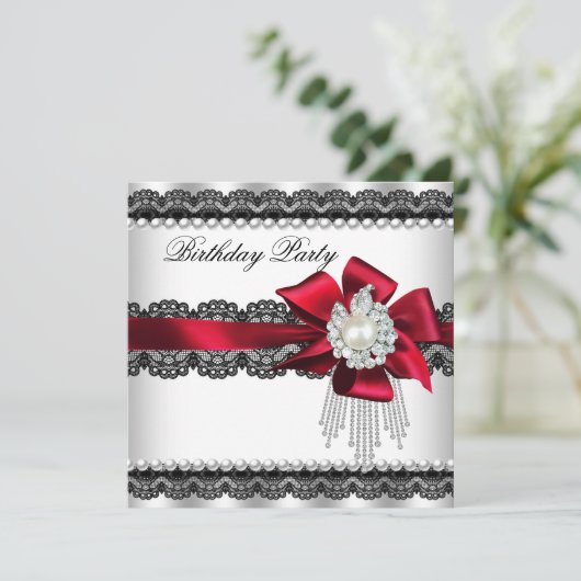 Red Bow Pearl Lace Pearl Birthday Party Kaart (Staand voorkant)