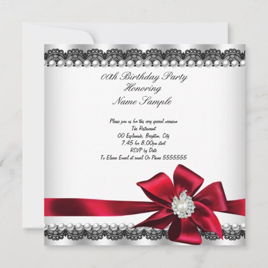 Red Bow Pearl Lace Pearl Birthday Party Kaart (Achterkant)