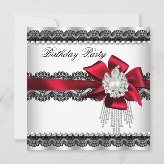 Red Bow Pearl Lace Pearl Birthday Party Kaart (Voorkant)