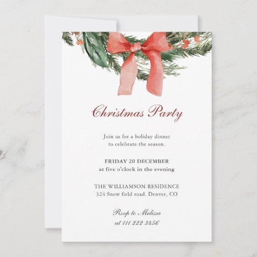 Red Bow Pine Wreath Christmas Party Kaart (Voorkant)