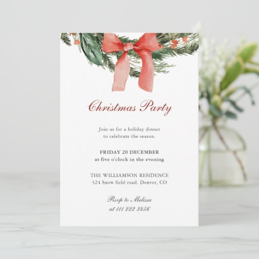 Red Bow Pine Wreath Christmas Party Kaart (Staand voorkant)