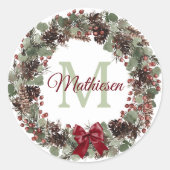 Red Bow Pinecone Wreater Monogram Kerstmis Ronde Sticker (Voorkant)