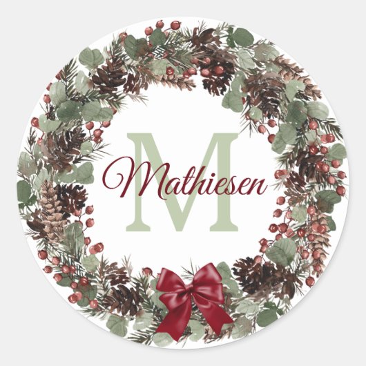Red Bow Pinecone Wreater Monogram Kerstmis Ronde Sticker (Voorkant)