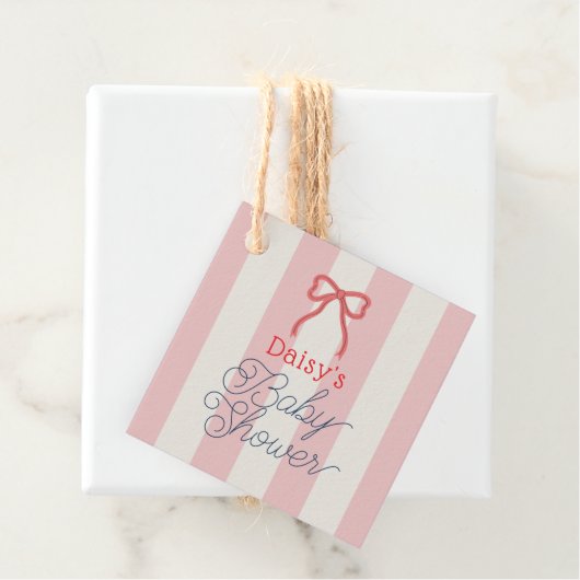 Red Bow & Pink Stripes Baby Shower Bedankjes Labels (In situ)