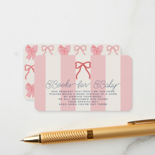 Red Bow & Pink Stripes Baby Shower Book Request Informatiekaartje (Voorkant / Achterkant in situ)