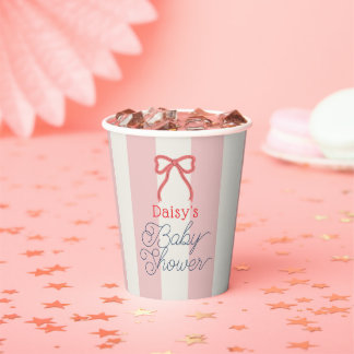Red Bow & Pink Stripes Baby Shower Papieren Bekers