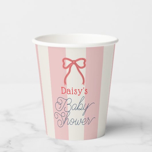 Red Bow & Pink Stripes Baby Shower Papieren Bekers (Voorkant)