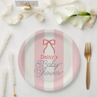 Red Bow & Pink Stripes Baby Shower Papieren Bordje