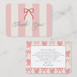 Red Bow & Pink Stripes Baby Shower Thank You Notitiekaartje