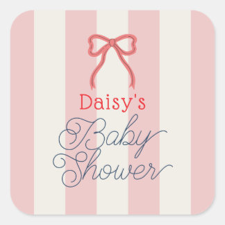 Red Bow & Pink Stripes Baby Shower Vierkante Sticker