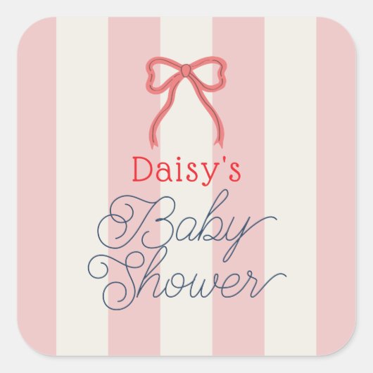 Red Bow & Pink Stripes Baby Shower Vierkante Sticker (Voorkant)