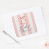 Red Bow & Pink Stripes Baby Shower Vierkante Sticker (Envelop)