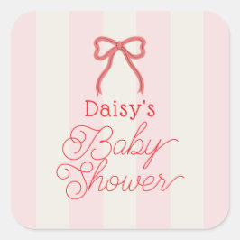 Red Bow & Pink Stripes Baby Shower Vierkante Sticker