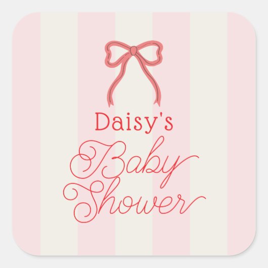 Red Bow & Pink Stripes Baby Shower Vierkante Sticker (Voorkant)