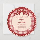 Red bow plaid wedding save the date (Voorkant)