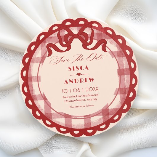 Red bow plaid wedding save the date