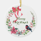 Red Bow Poinsettia Bird Holiday Wreate Keramisch Ornament (Voorkant)