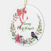 Red Bow Poinsettia Bird Holiday Wreate Keramisch Ornament (Links)