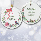 Red Bow Poinsettia Bird Holiday Wreate Keramisch Ornament