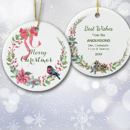 Red Bow Poinsettia Bird Holiday Wreate Keramisch Ornament