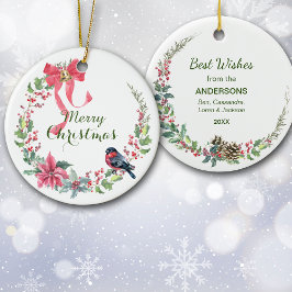 Red Bow Poinsettia Bird Holiday Wreate Keramisch Ornament