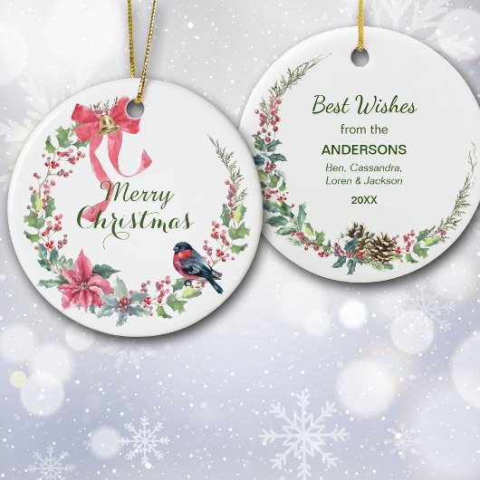 Red Bow Poinsettia Bird Holiday Wreate Keramisch Ornament