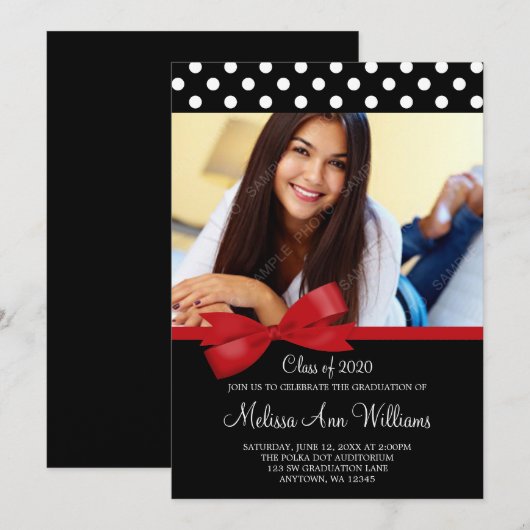 Red Bow Polka Dots Foto Afstuderen kondiging Kaart (Voorkant / Achterkant)