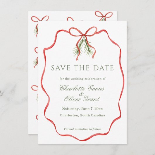 Red Bow Ribbon Winter Save The Date (Voorkant / Achterkant)