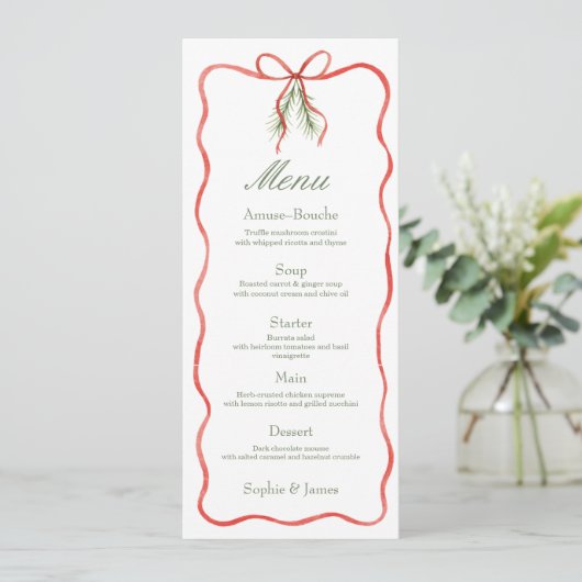 Red Bow Ribbon Winter Wedding Flat Menu (Staand voorkant)