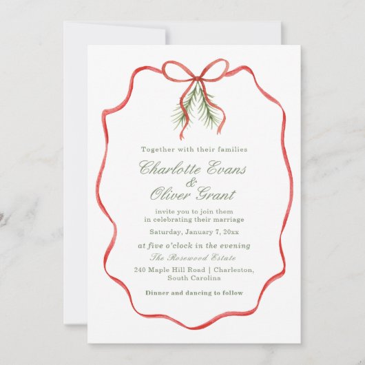Red Bow Ribbon Winter Wedding Kaart (Voorkant)
