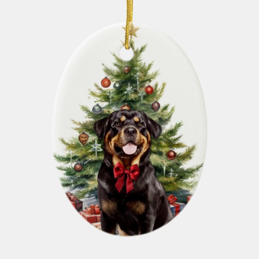 Red Bow Rottweiler Hondenkerst Keramisch Ornament (Voorkant)
