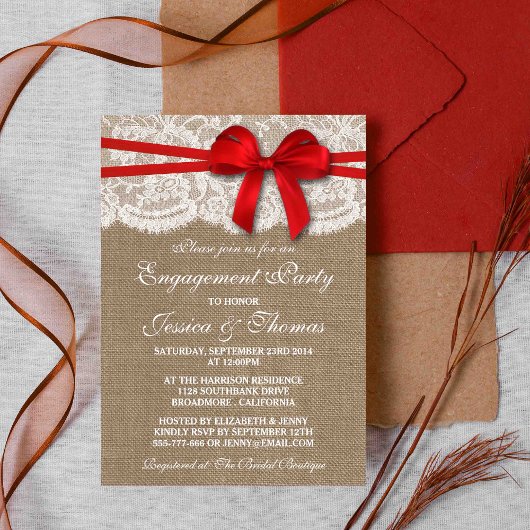 Red Bow Rustic Burlap & Lace Engagement Party Kaart