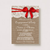 Red Bow Rustic Burlap & Lace Engagement Party Kaart