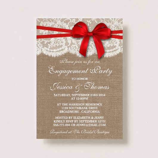 Red Bow Rustic Burlap & Lace Engagement Party Kaart