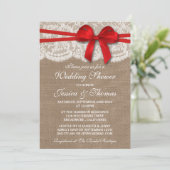 Red Bow Rustic Burlap & Lace Wedding Shower Kaart (Staand voorkant)