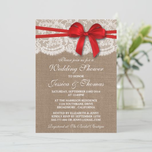 Red Bow Rustic Burlap & Lace Wedding Shower Kaart (Staand voorkant)