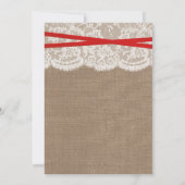 Red Bow Rustic Burlap & Lace Wedding Shower Kaart (Achterkant)