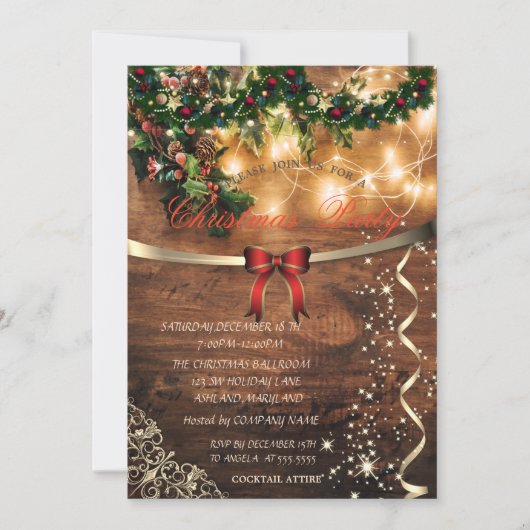 Red Bow, Rustic, Gold Company kerst Party Kaart (Voorkant)