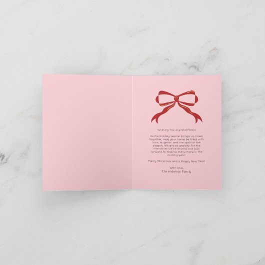 Red Bow Scalloped Foto Kerstmis Feestdagen Kaart (Binnen)
