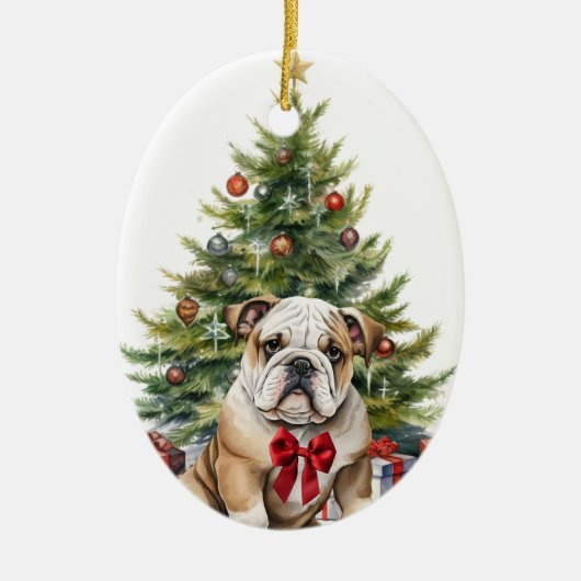Red Bow Schattig Bulldog Kerst Keramisch Ornament (Voorkant)