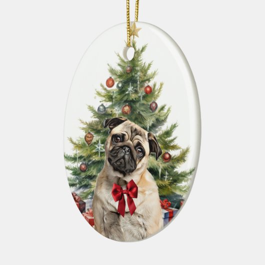 Red Bow Schattig Pug Dog Christmas Keramisch Ornament (Links)
