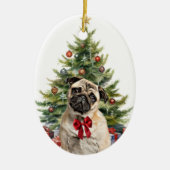Red Bow Schattig Pug Dog Christmas Keramisch Ornament (Voorkant)