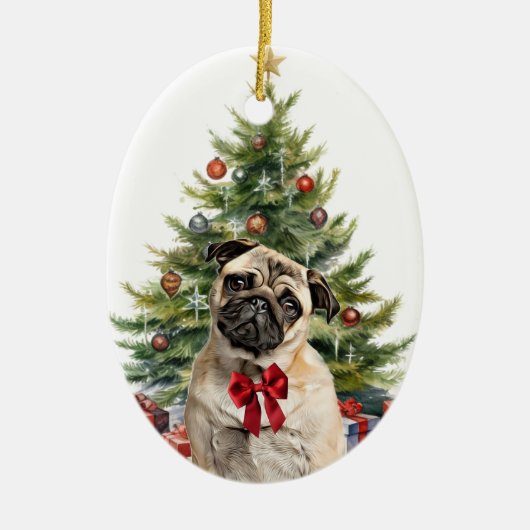 Red Bow Schattig Pug Dog Christmas Keramisch Ornament (Voorkant)