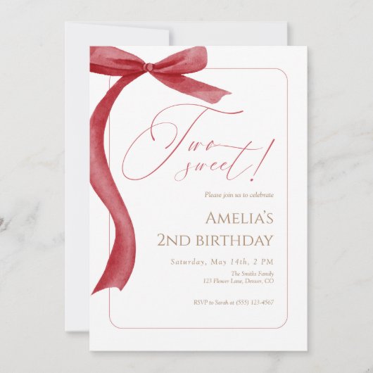 Red Bow Second Birthday Invitation Two Sweet Kaart (Voorkant)