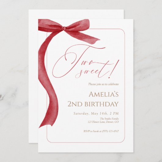 Red Bow Second Birthday Invitation Two Sweet Kaart (Voorkant / Achterkant)