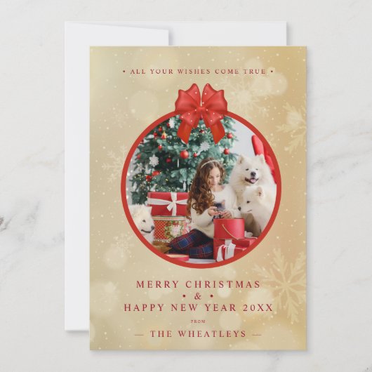 Red Bow Snowflakes Christmas Round Family Photo (Voorkant)