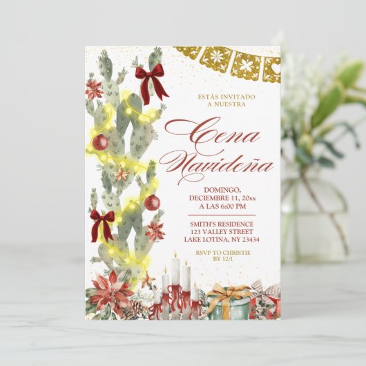 Red bow Spanish Cactus Christmas Cena de Navidad Kaart (Staand voorkant)
