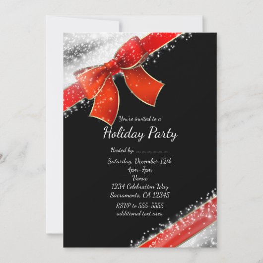 Red Bow & Sparkles Chic Black Vakantie Uitnodiging (Voorkant)